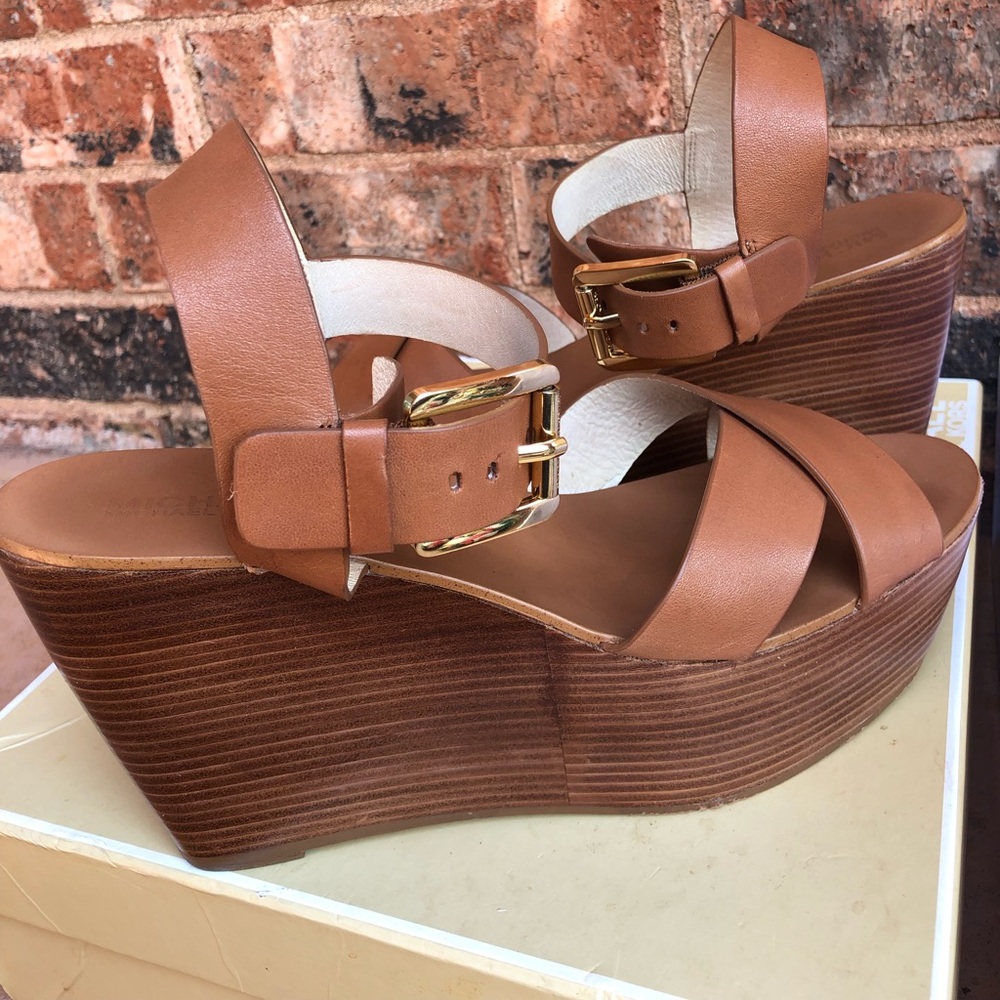 Michael Kors Tan Leather Stacked Wedge